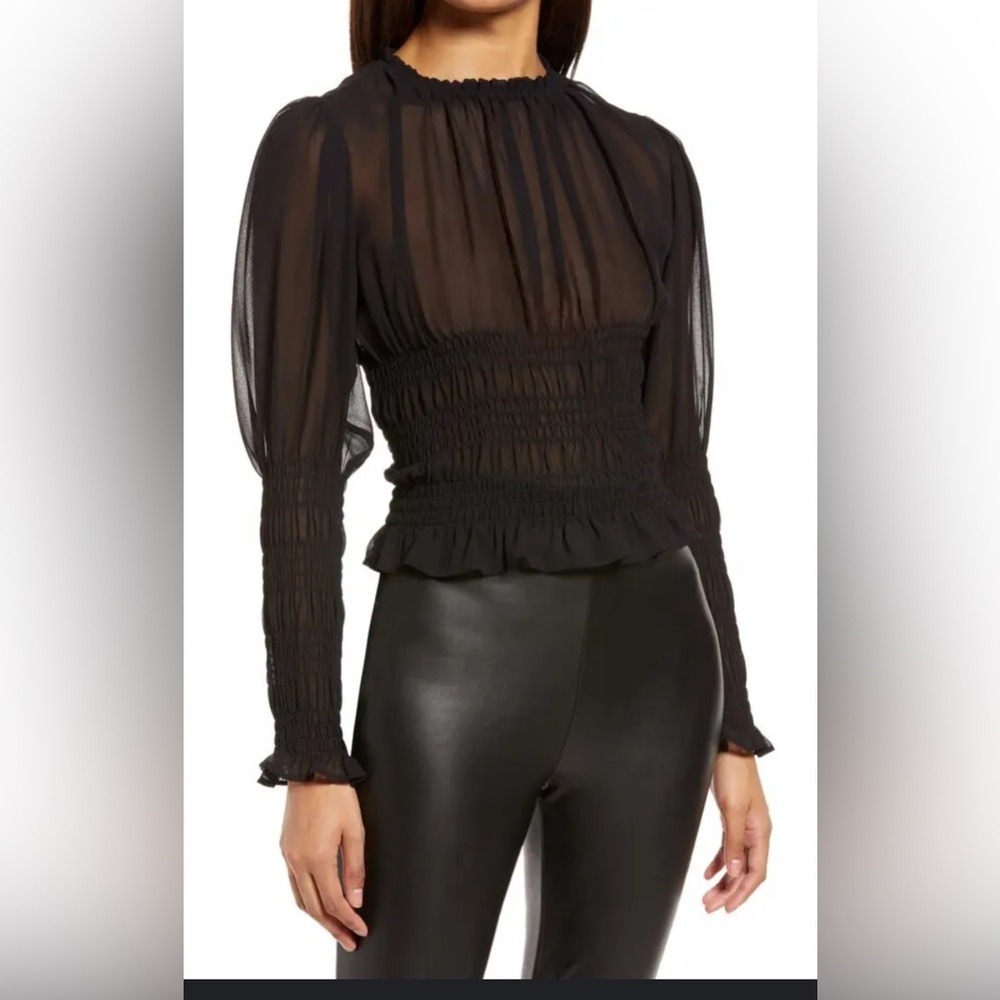 Halogen Black Sheer Smocked Chiffon Blouse Size Medium